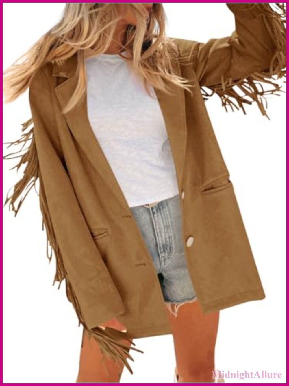 Faux Suede Fringe Blazer Button Suit Jacket Long Sleeve